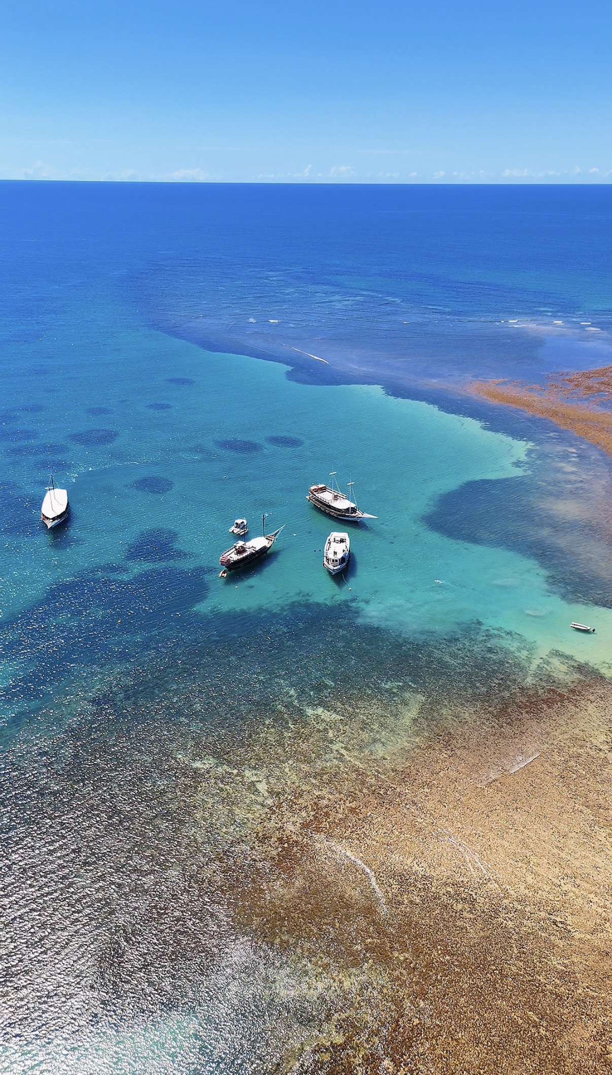 Vista aérea dos recifes e barcos ancorados em Recife de Fora