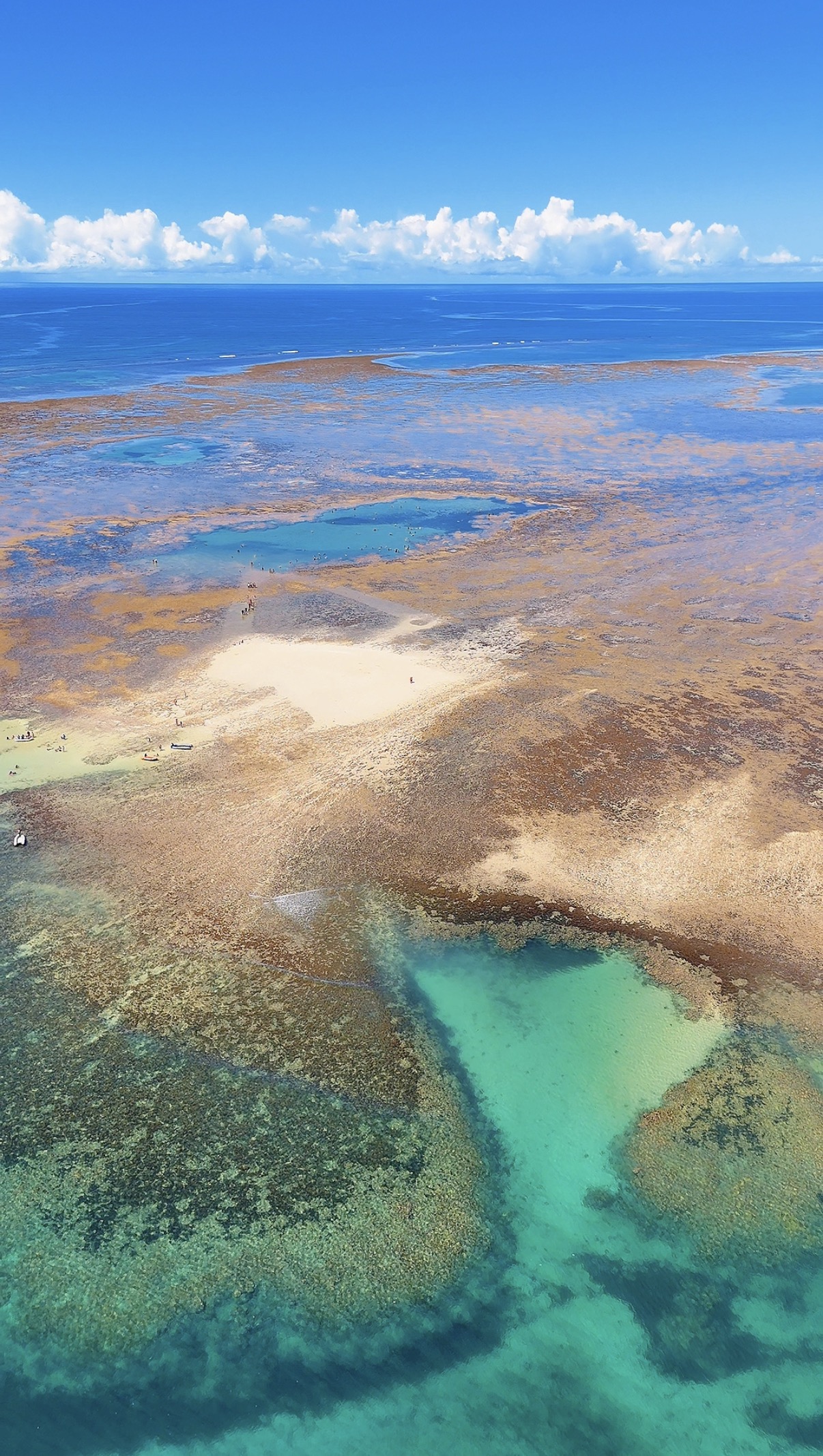 Panorama aéreo das piscinas naturais e recifes de Recife de Fora